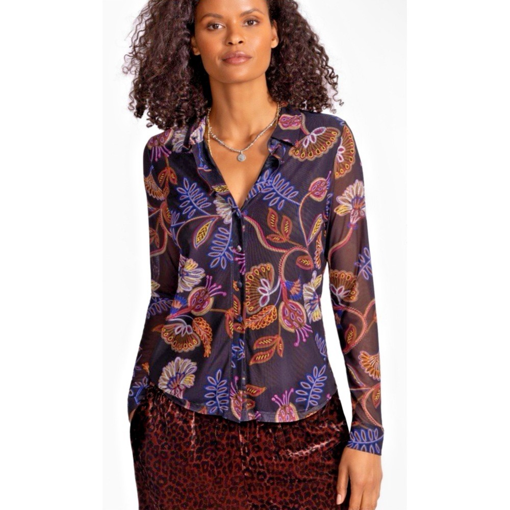 Jade Johnny Was Devin Floral L/S Button Down Shirt Ginnie Pattern Sheer Sleeves